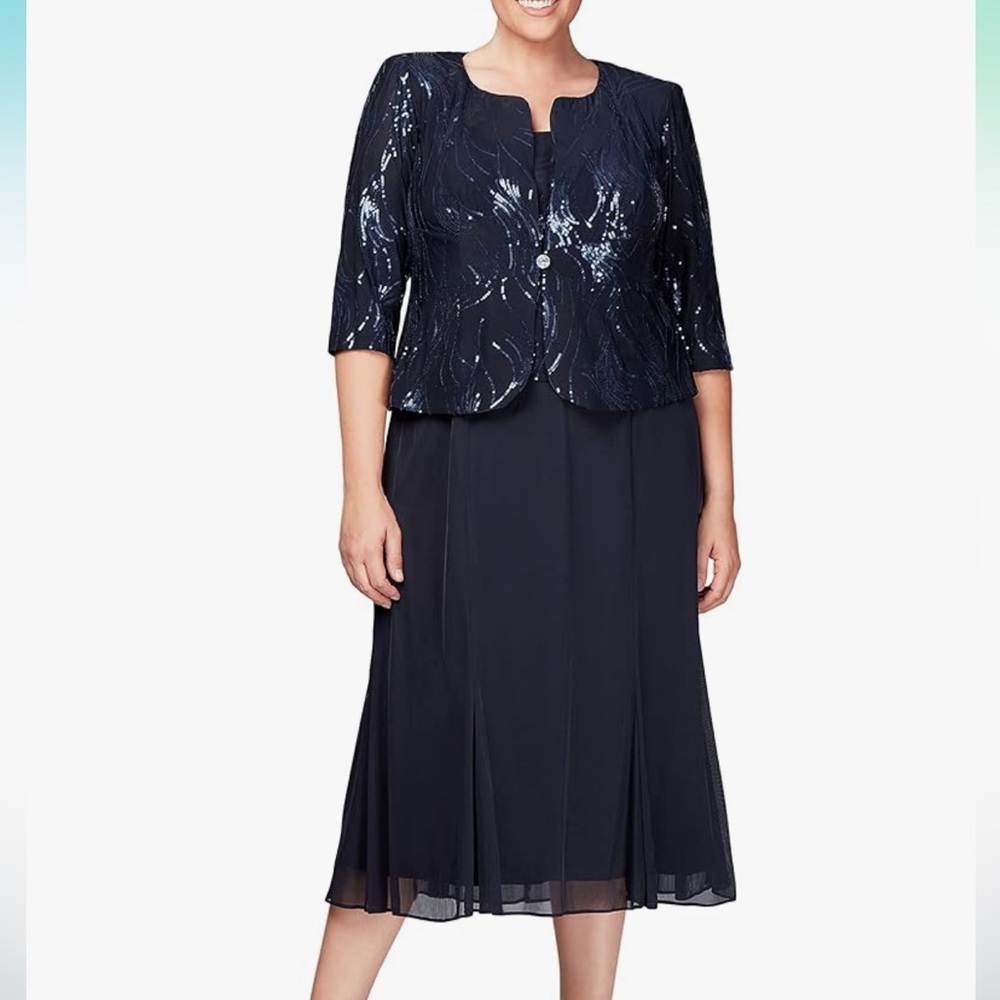 Alex Evenings womens Plus Size Tea Length Jacket and Dress, Navy Size 16